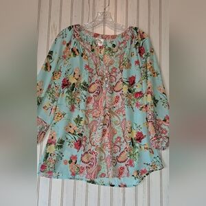 Fig and Flower Boho Paisley Floral Blouse Green Floral Paisley Mixed Prints Med